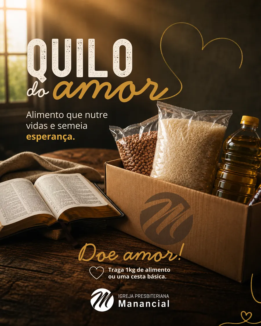 Arte do Quilo do Amor: caixa com arroz, feijão e óleo ao lado de uma Bíblia aberta, com a mensagem Doe amor! Traga 1 kg de alimento ou uma cesta básica.
