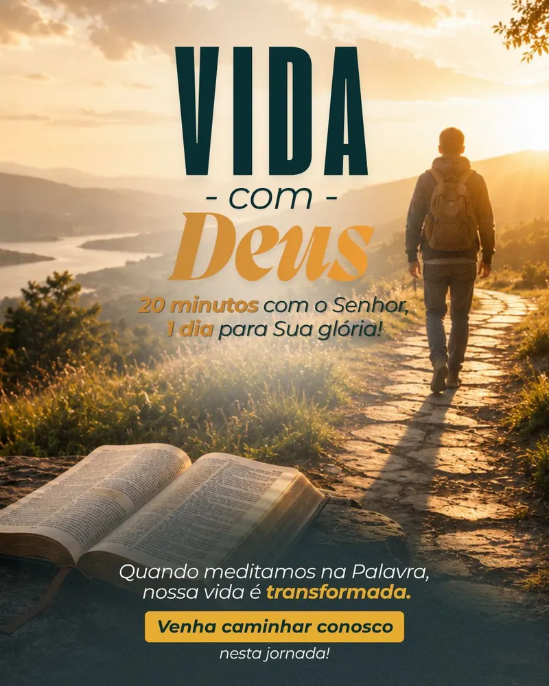 Arte do projeto Vida com Deus: um homem caminha por uma trilha ao amanhecer, com uma Bíblia aberta em primeiro plano. 20 minutos com o Senhor, 1 dia para Sua glória. Venha caminhar conosco nesta jornada.